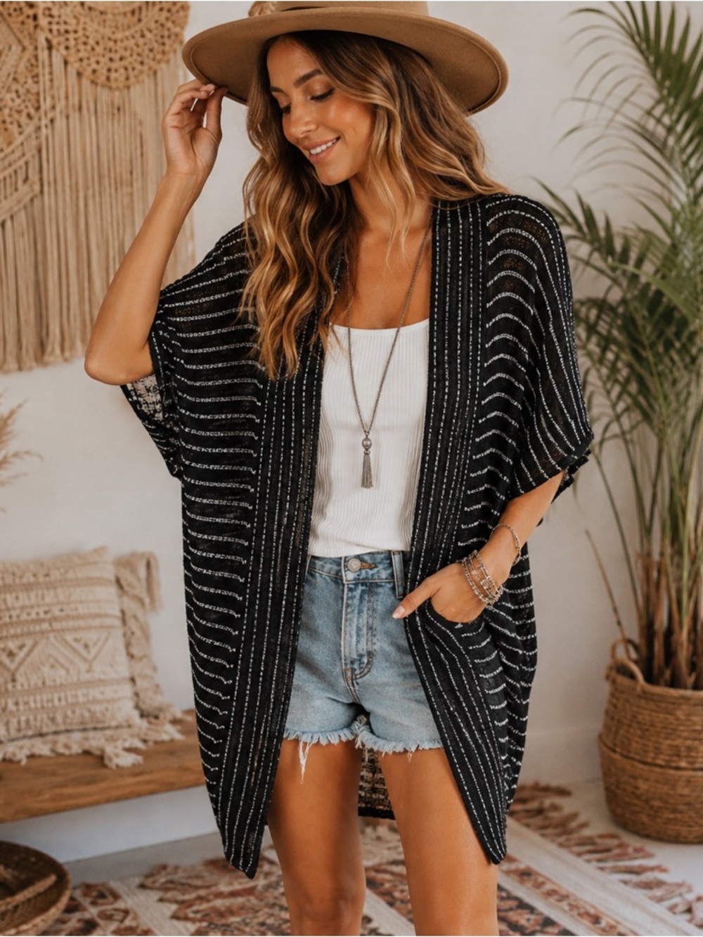 Silence + Noise Black and White Striped Short Sleeve Oversized Cardigan Sweater
